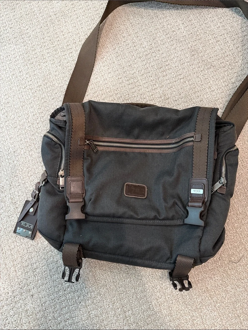 Tumi Dark Gray Nylon Messenger Bag with Dark Brown Trim